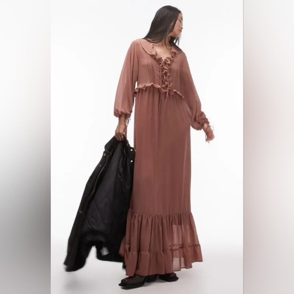 Topshop Brown Ruffle Maxi Dress